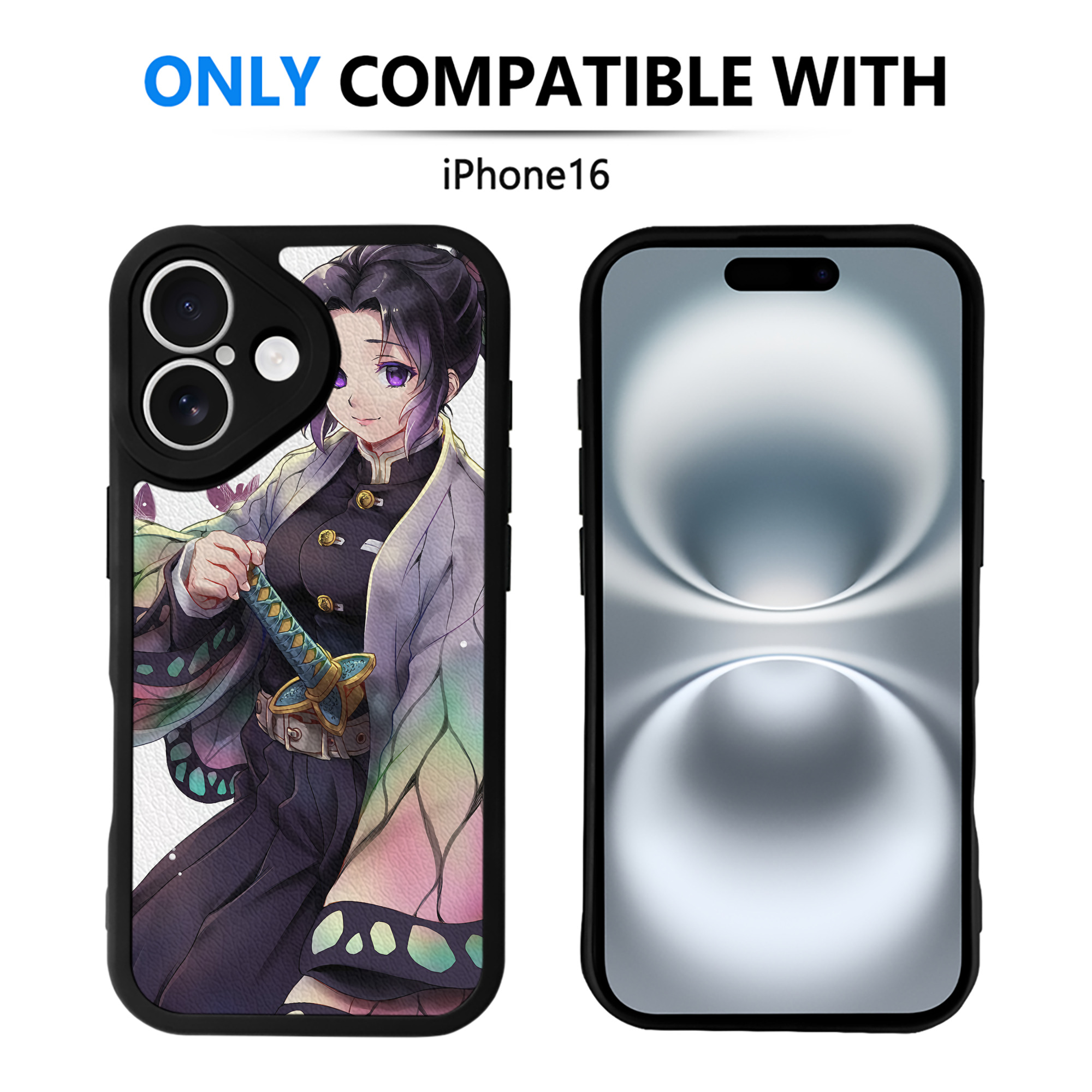 （画像用） 鬼滅の刃（きめつのやいば）蟲柱-胡蝶 しのぶ／こちょう しのぶ Kochou Shinobu 【iPhone 16シリーズ対応】シリコンスマホケース（レザー調） 材質：シリコン
